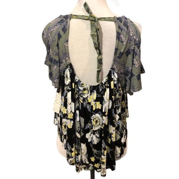 Free People Baja Babe Cold Shoulder Top Black Small Floral Cutout - Picture 3 of 8